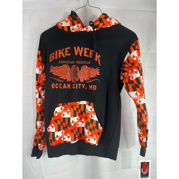 2014 Bike Week Ocean City MD Graphic Print Pullover Hoodie Size M Black Orange - Picture 1 of 3